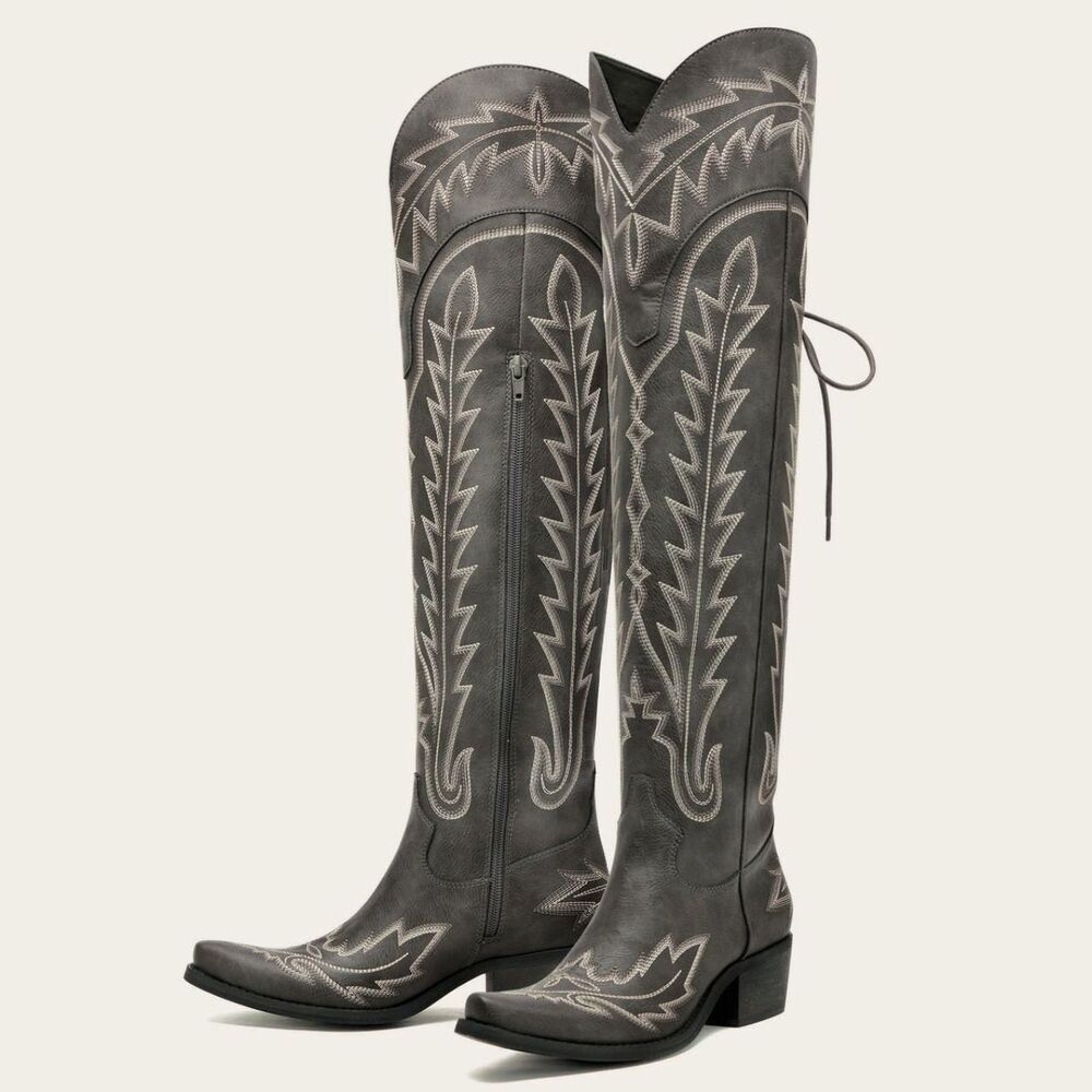 REDTOP The Ross Grey Over-the-Knee Wide Calf Cowgirl Boots Back Tie & Embroidery